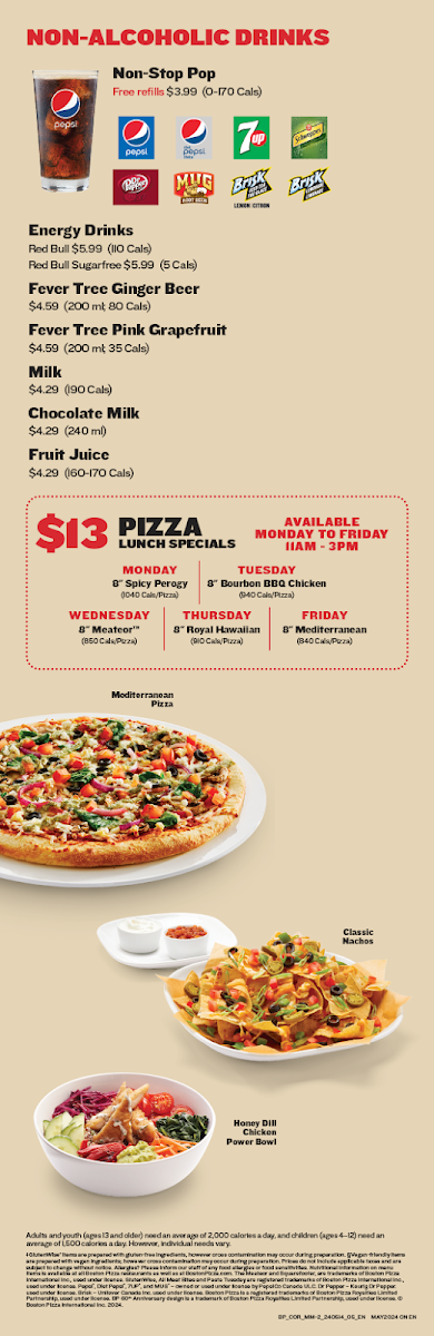 Menu, Boston Pizza Orangeville