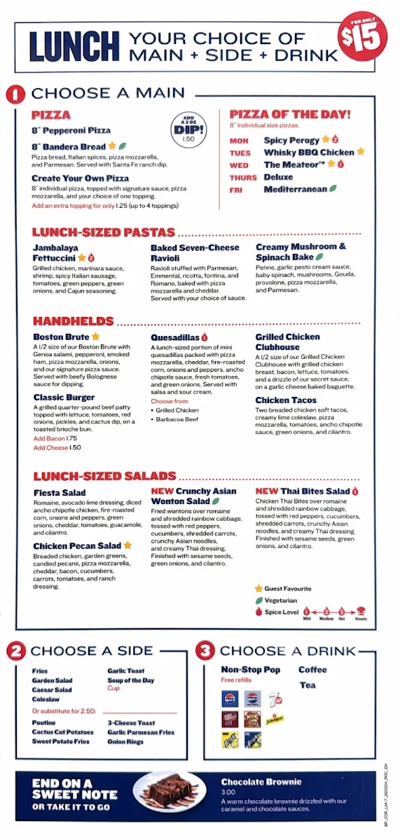 Menu, Boston Pizza Orangeville