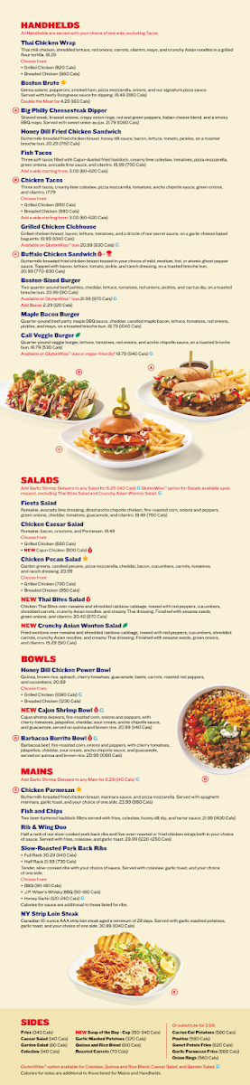 Menu, Boston Pizza Orangeville