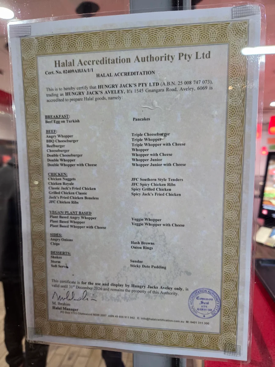 Menu, Hungry Jack's Burgers Aveley