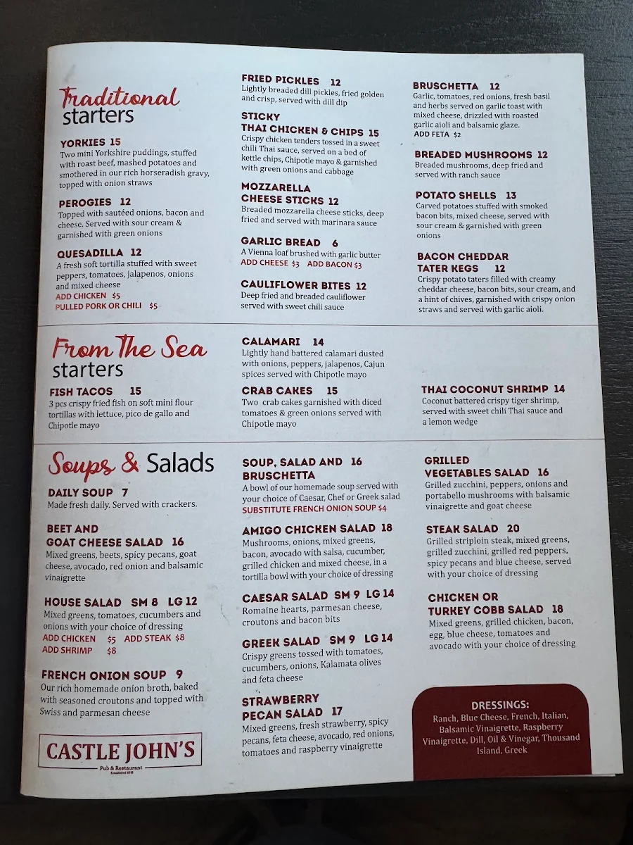 Menu, Castle John's Port Hope