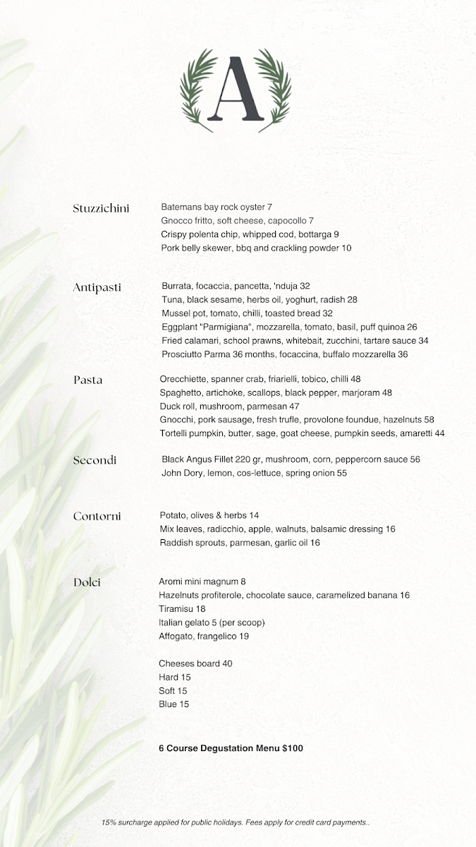 Menu, Aromi Restaurant