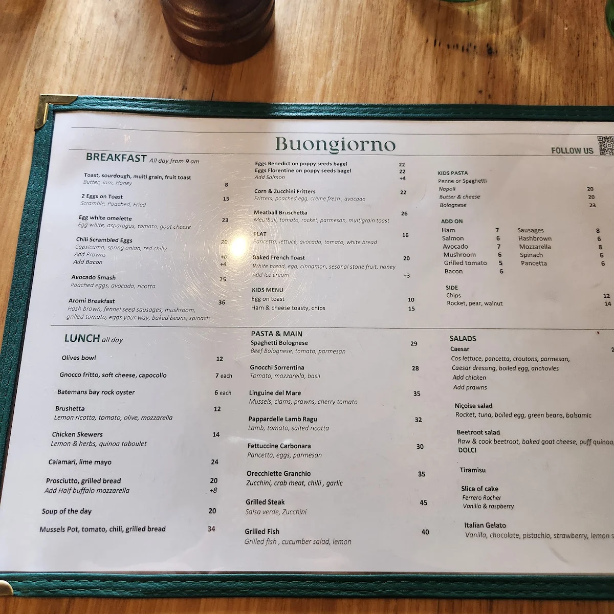 Menu, Aromi Restaurant