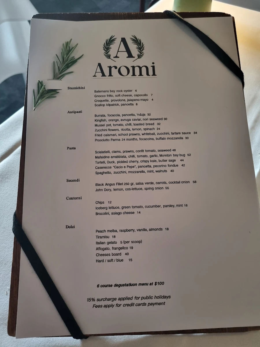 Menu, Aromi Restaurant