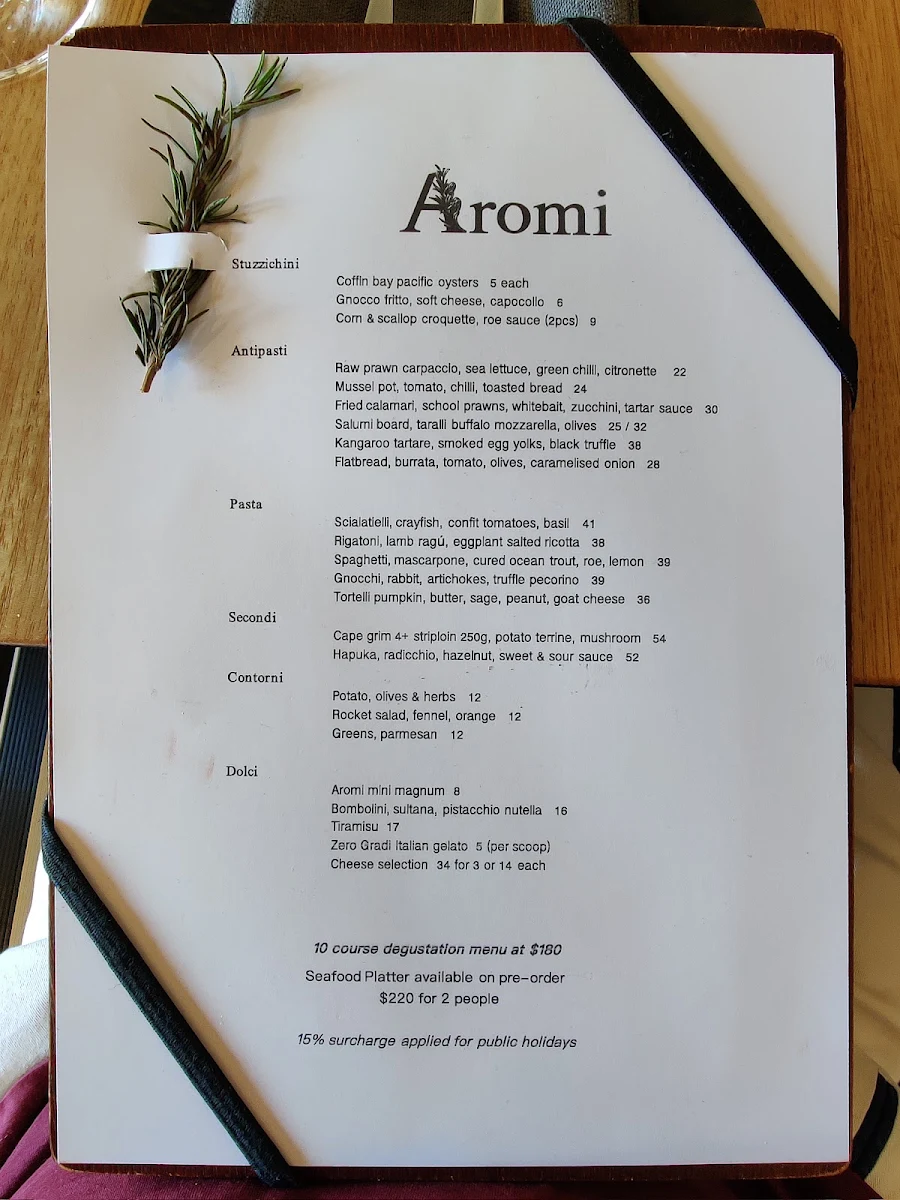 Menu, Aromi Restaurant