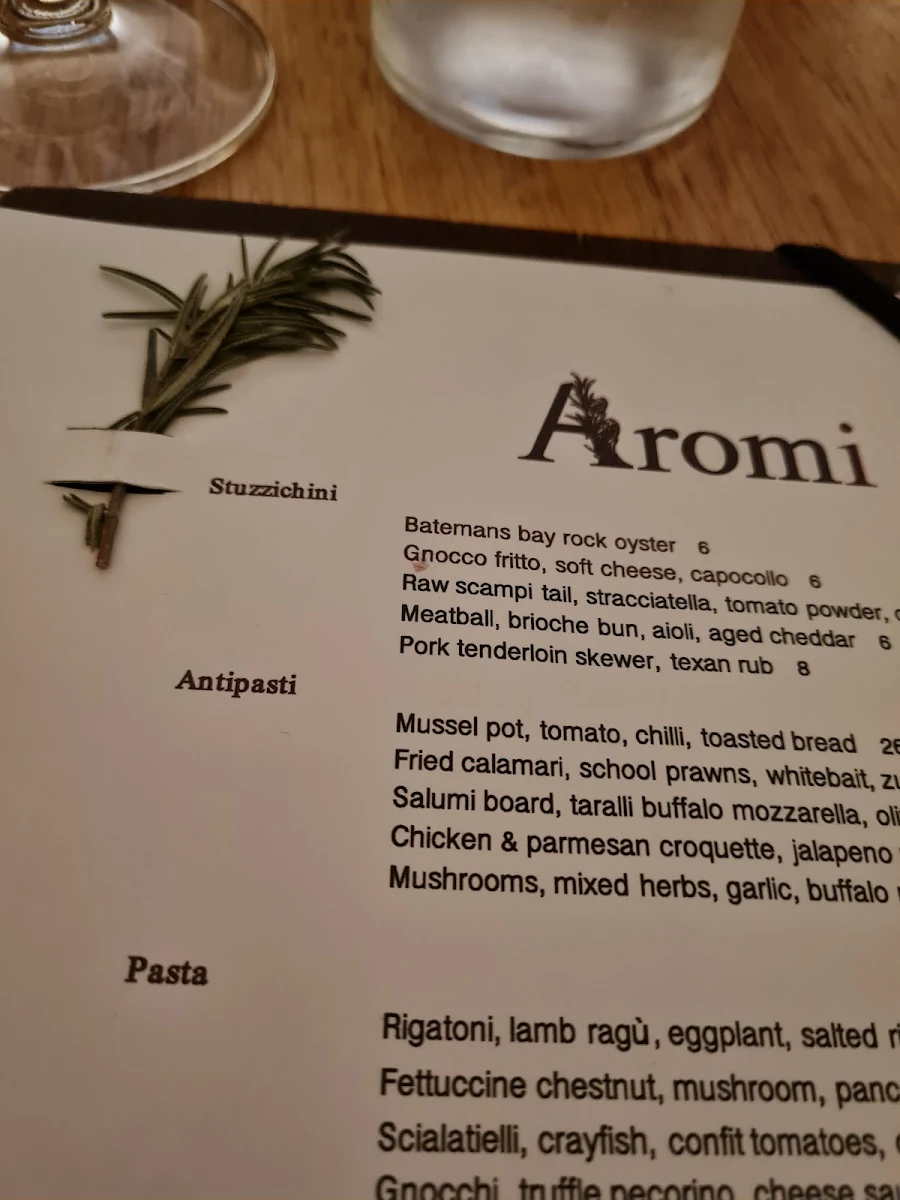 Menu, Aromi Restaurant