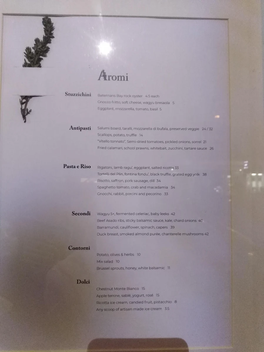 Menu, Aromi Restaurant