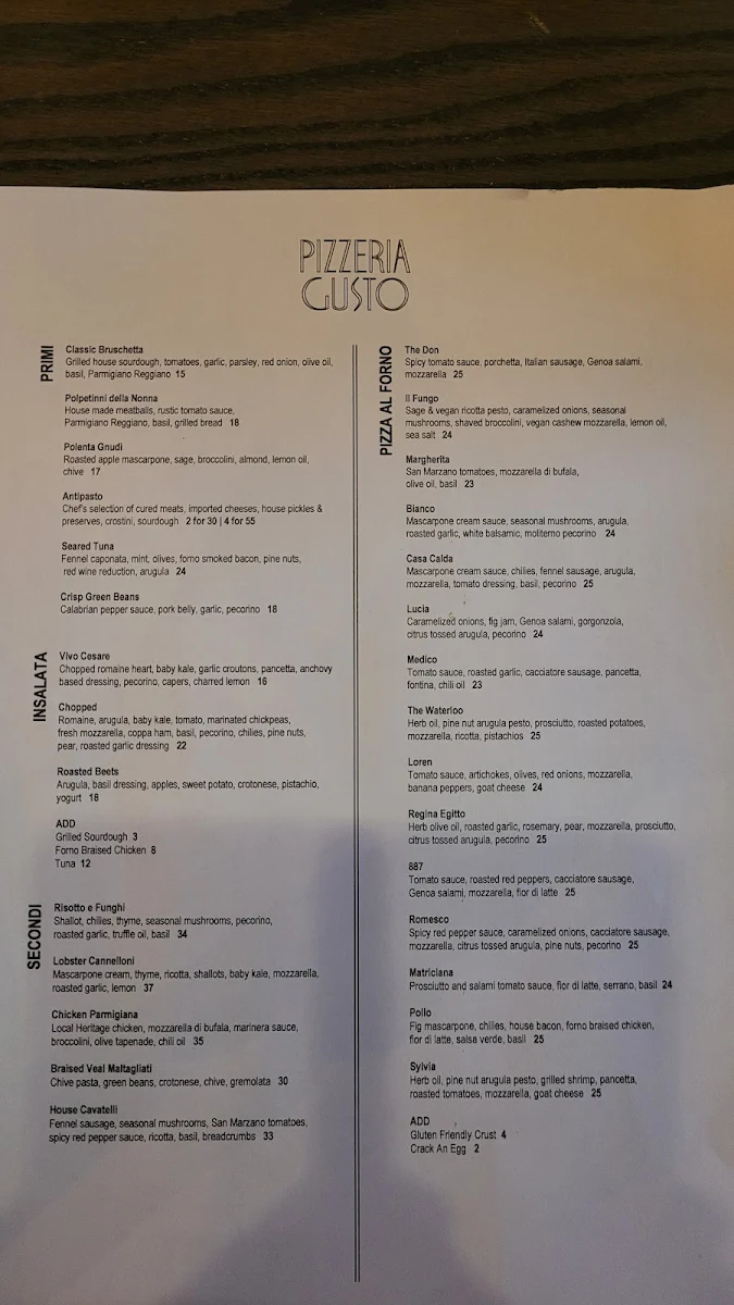 Menu, Pizzeria Gusto