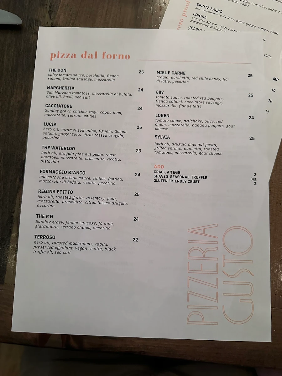 Menu, Pizzeria Gusto