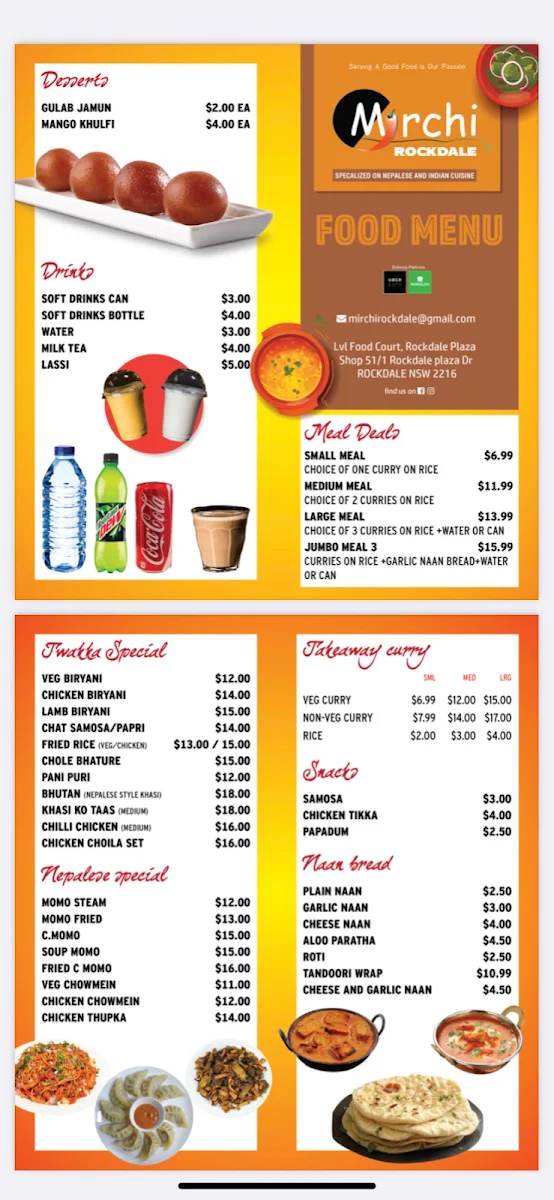 Menu, Mirchi Indian and Nepalese Restaurant Rockdale plaza