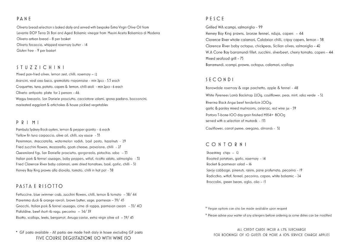 Menu, Oliveto Ristorante & Bar