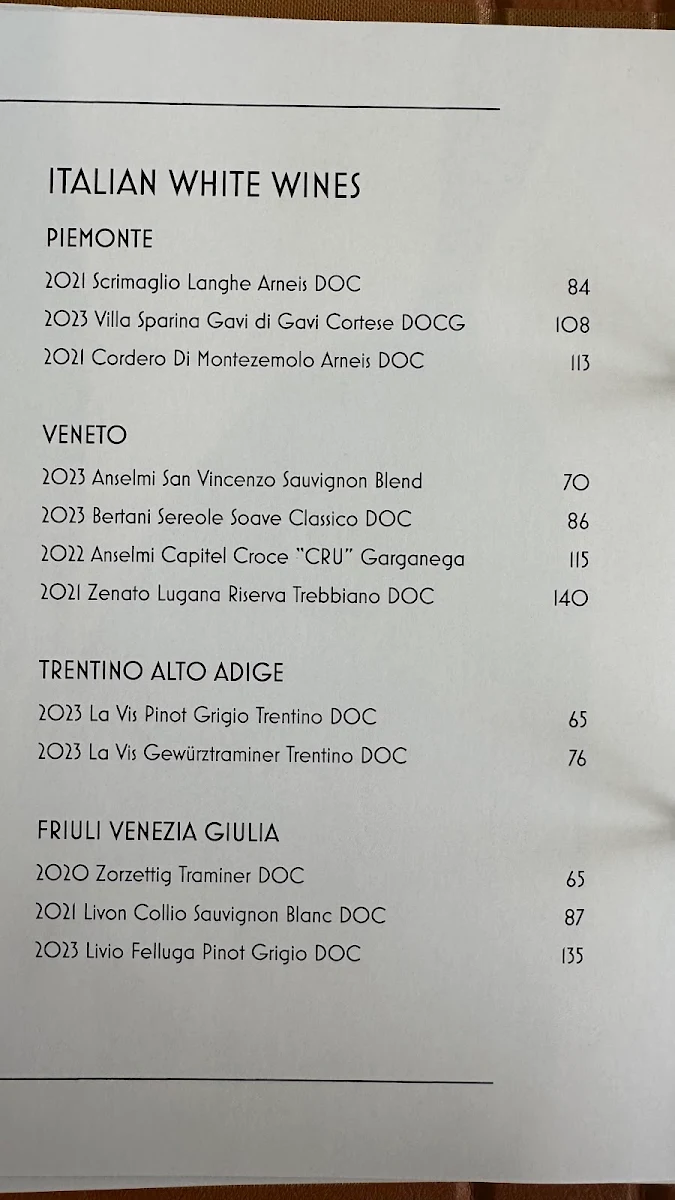 Menu, Oliveto Ristorante & Bar