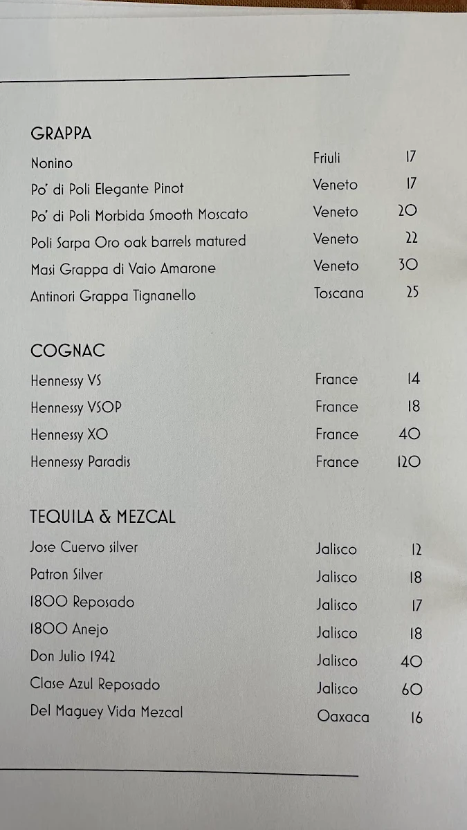 Menu, Oliveto Ristorante & Bar