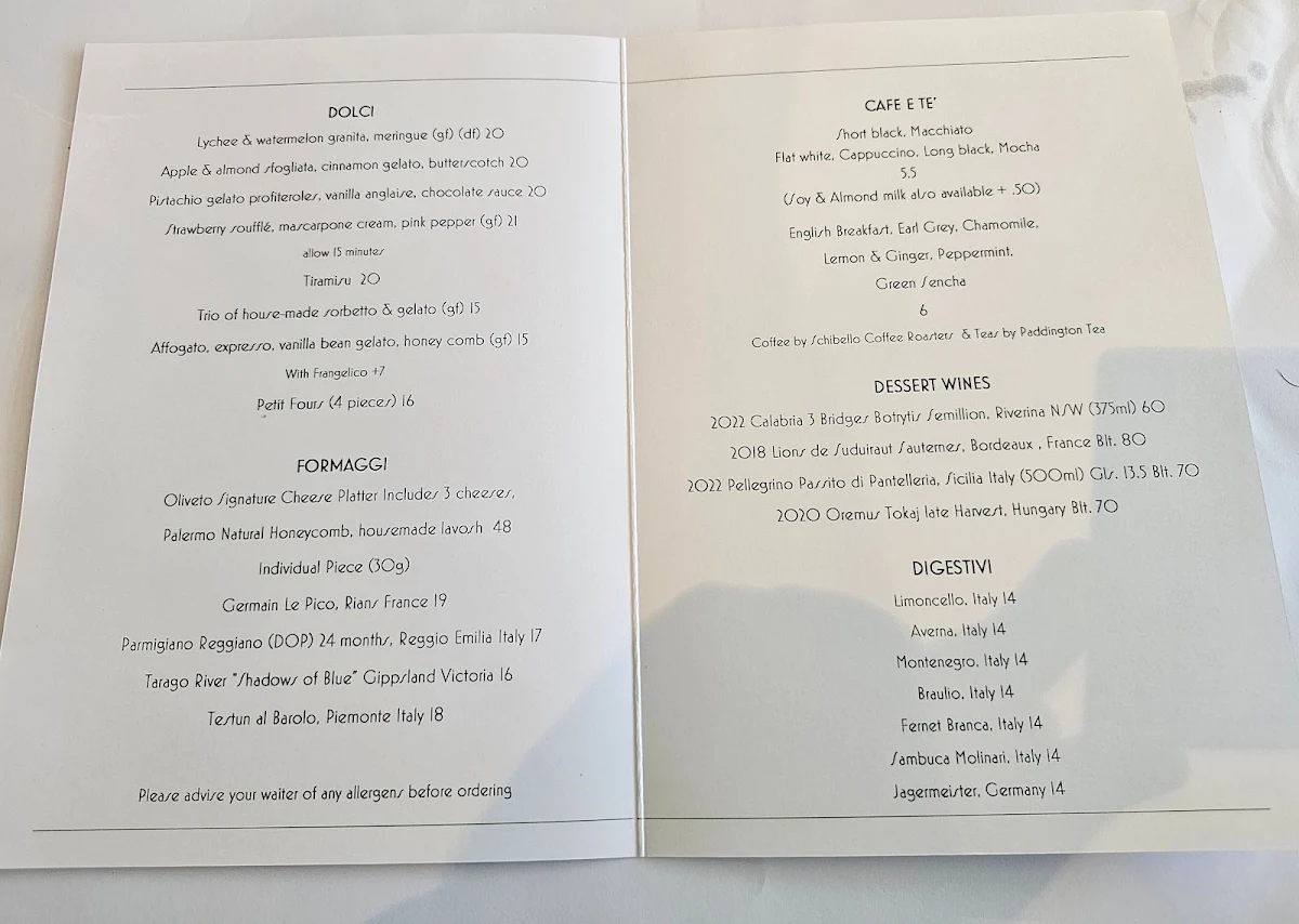 Menu, Oliveto Ristorante & Bar