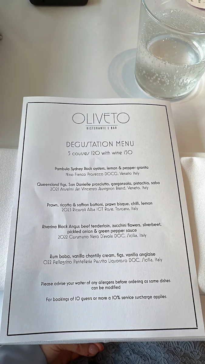 Menu, Oliveto Ristorante & Bar