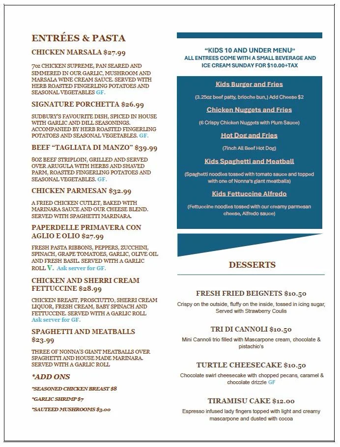 Menu, Pesto's
