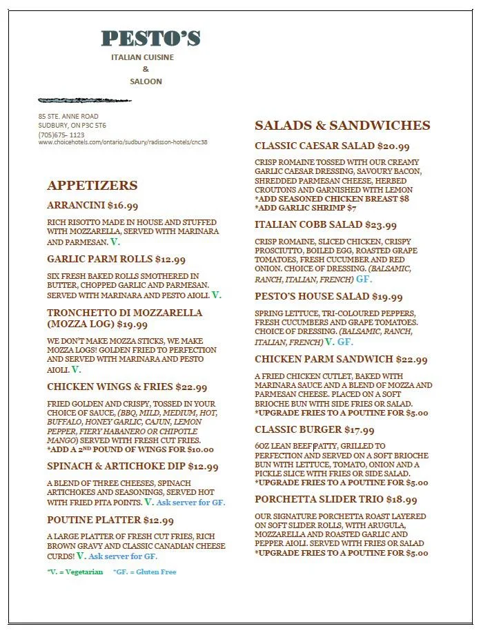 Menu, Pesto's