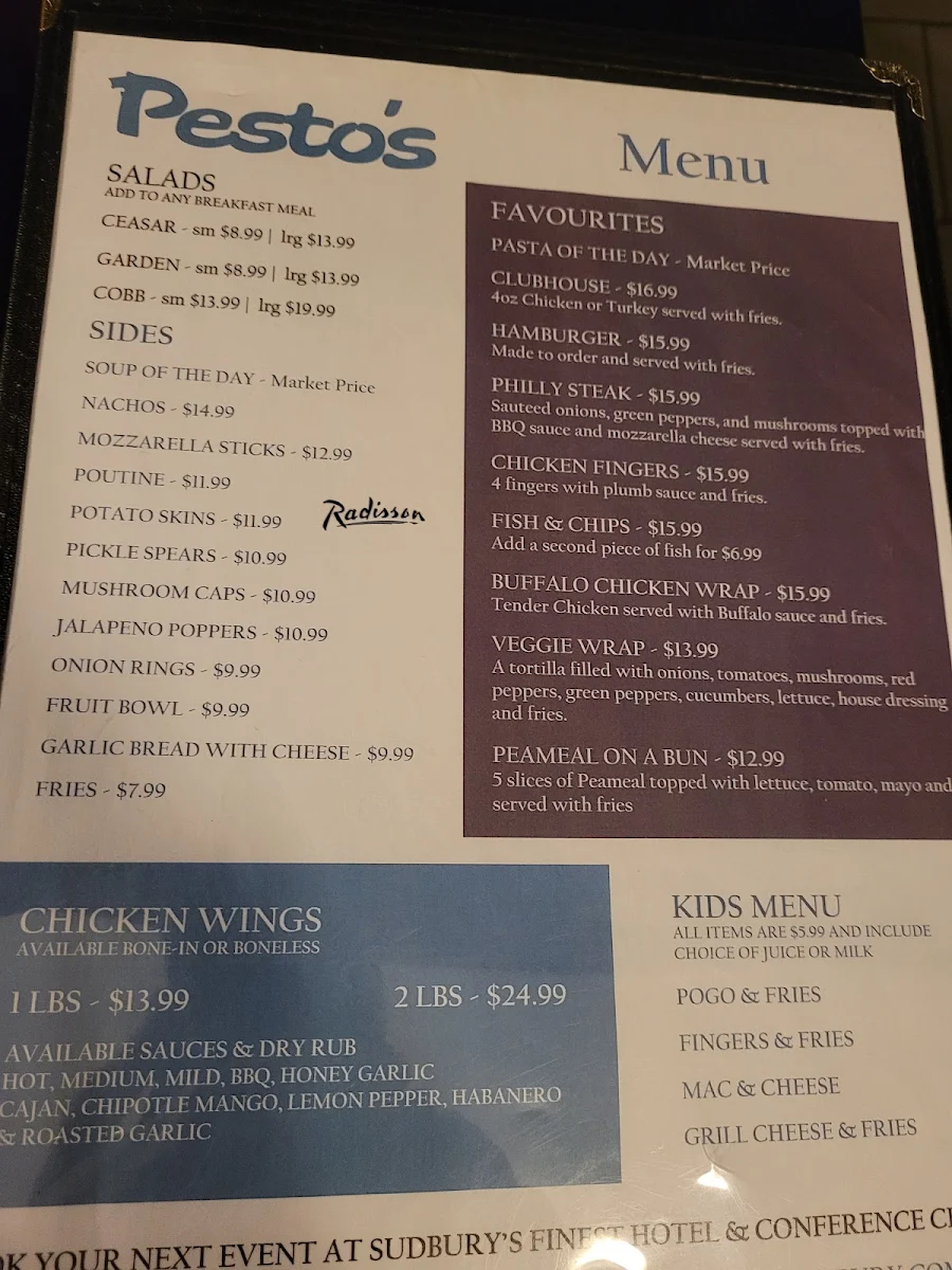 Menu, Pesto's