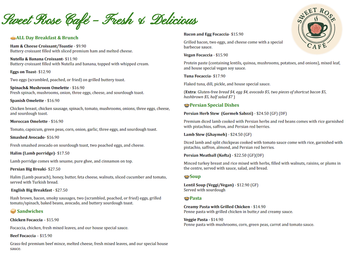 Menu, Sweet Rose Café