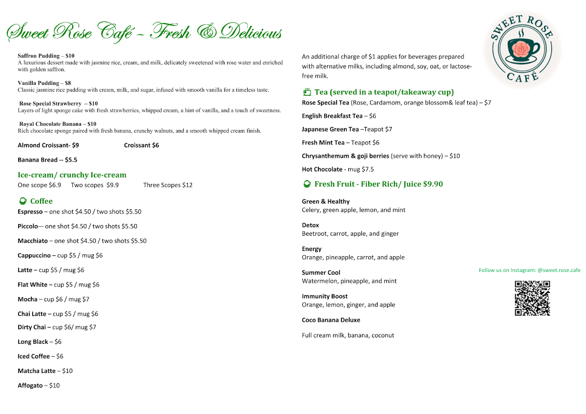 Menu, Sweet Rose Café