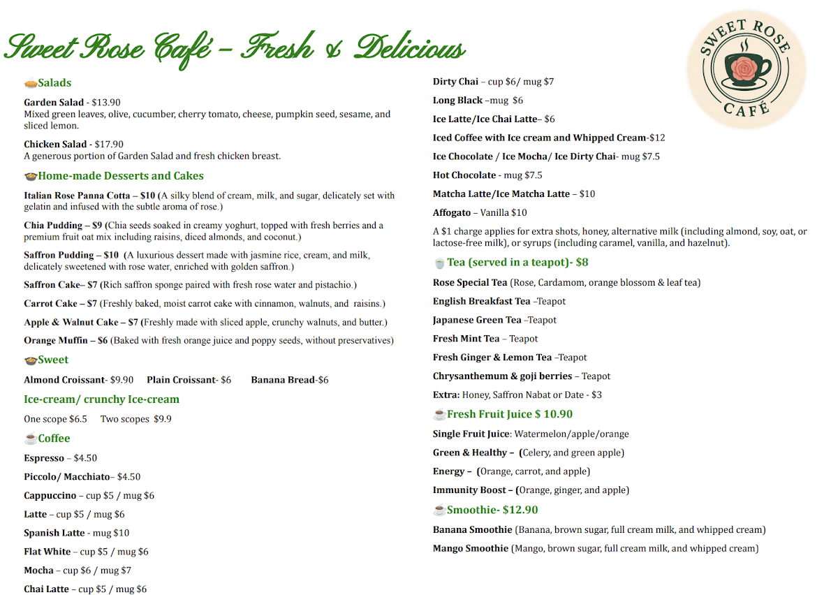Menu, Sweet Rose Café