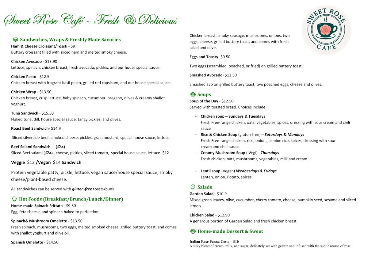 Menu, Sweet Rose Café