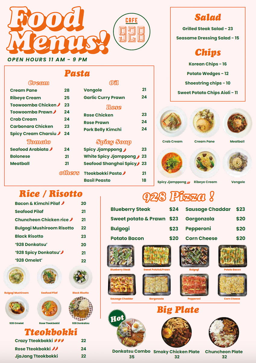 Menu, Cafe 928