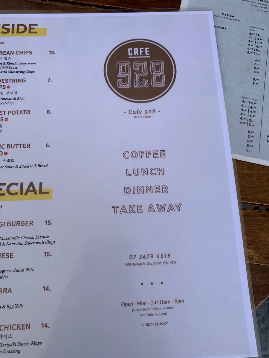 Menu, Cafe 928