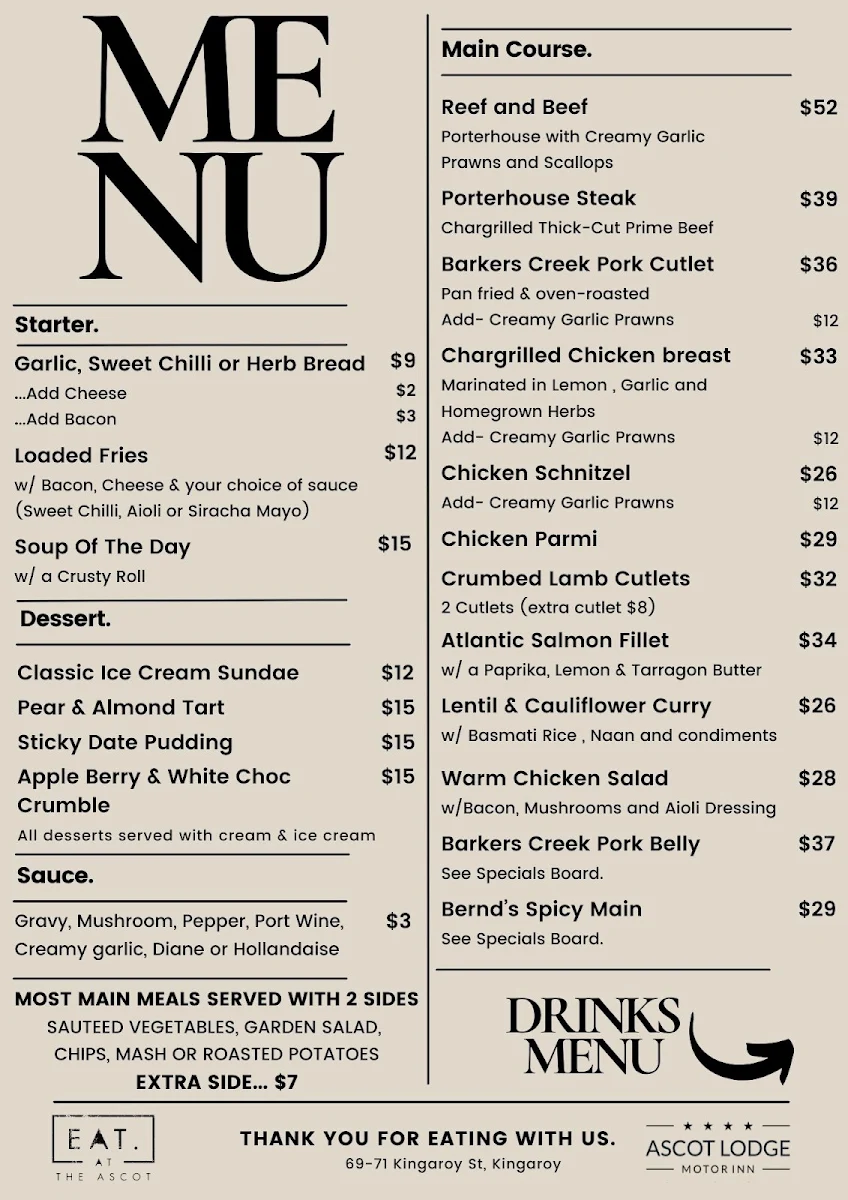 Menu, EAT. At The Ascot