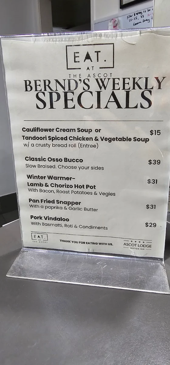 Menu, EAT. At The Ascot