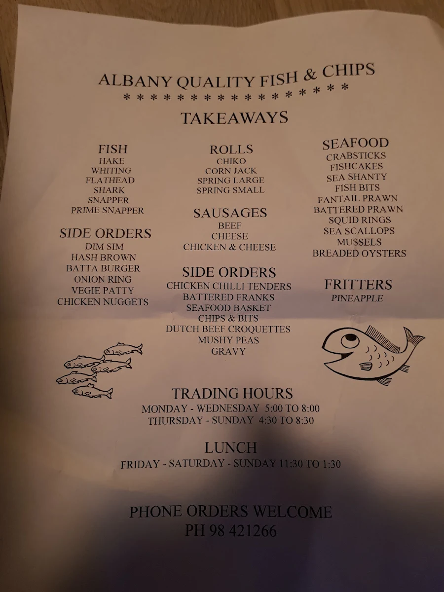 Menu, Albany Fish & Chips
