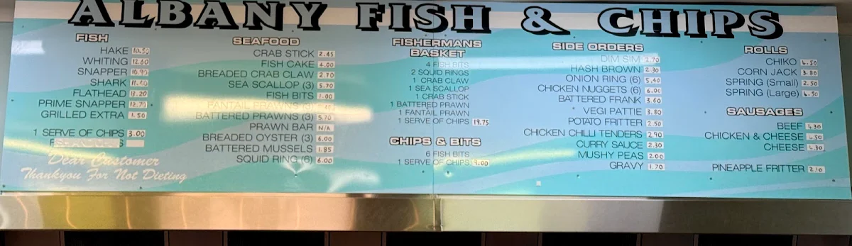 Menu, Albany Fish & Chips