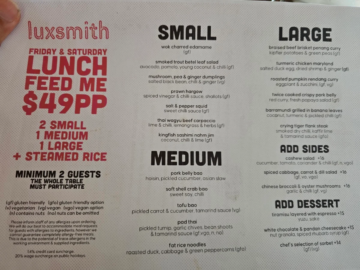 Menu, Luxsmith Restaurant + Bar