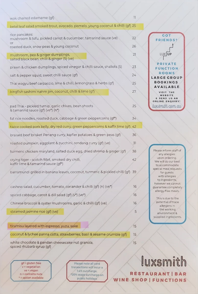 Menu, Luxsmith Restaurant + Bar