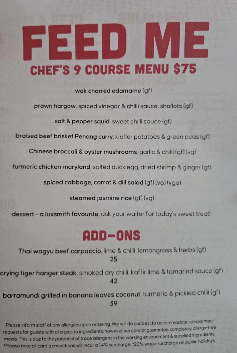 Menu, Luxsmith Restaurant + Bar