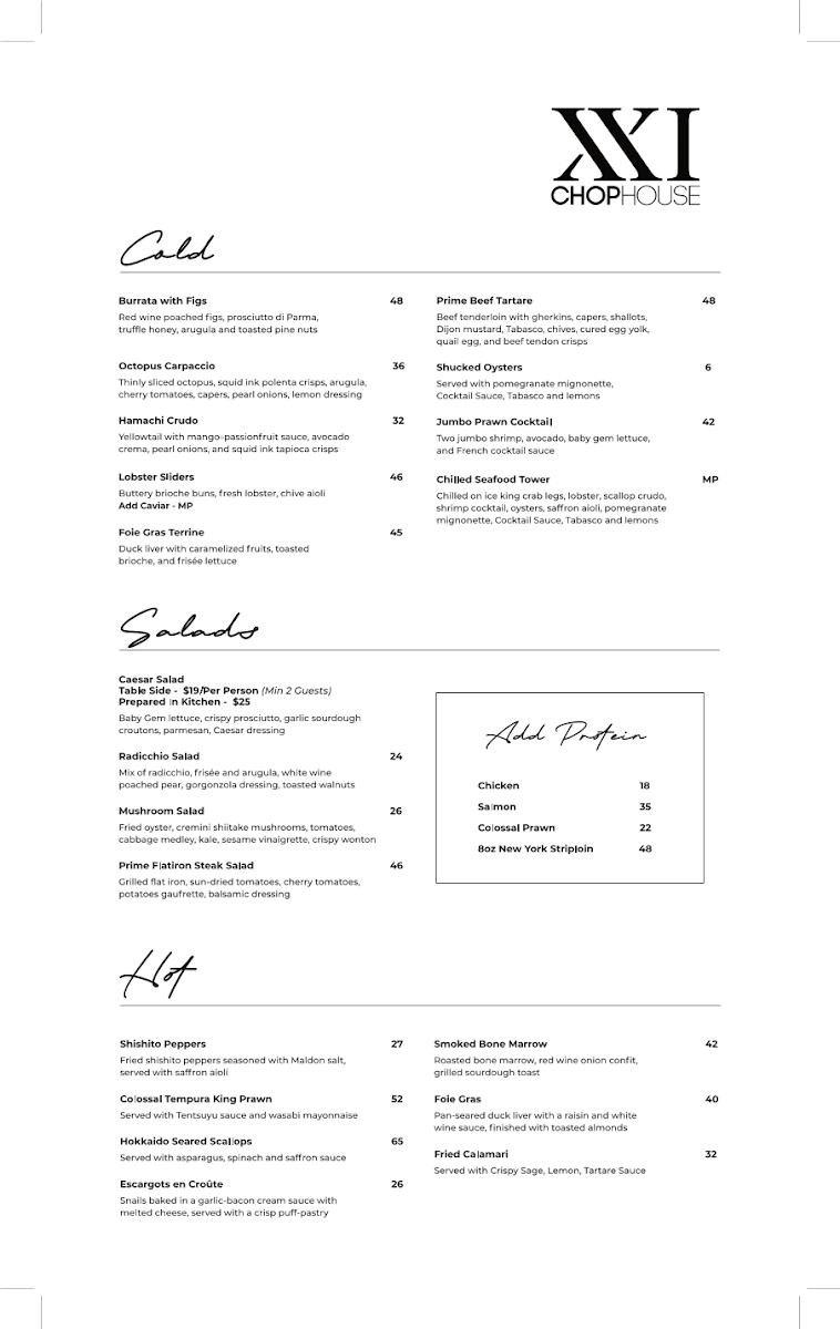 Menu, XXI Chophouse