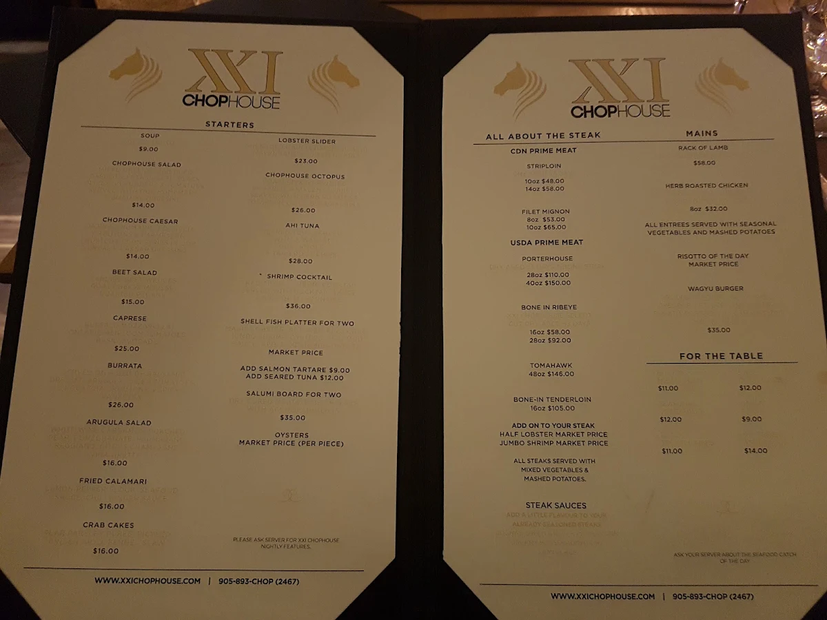 Menu, XXI Chophouse