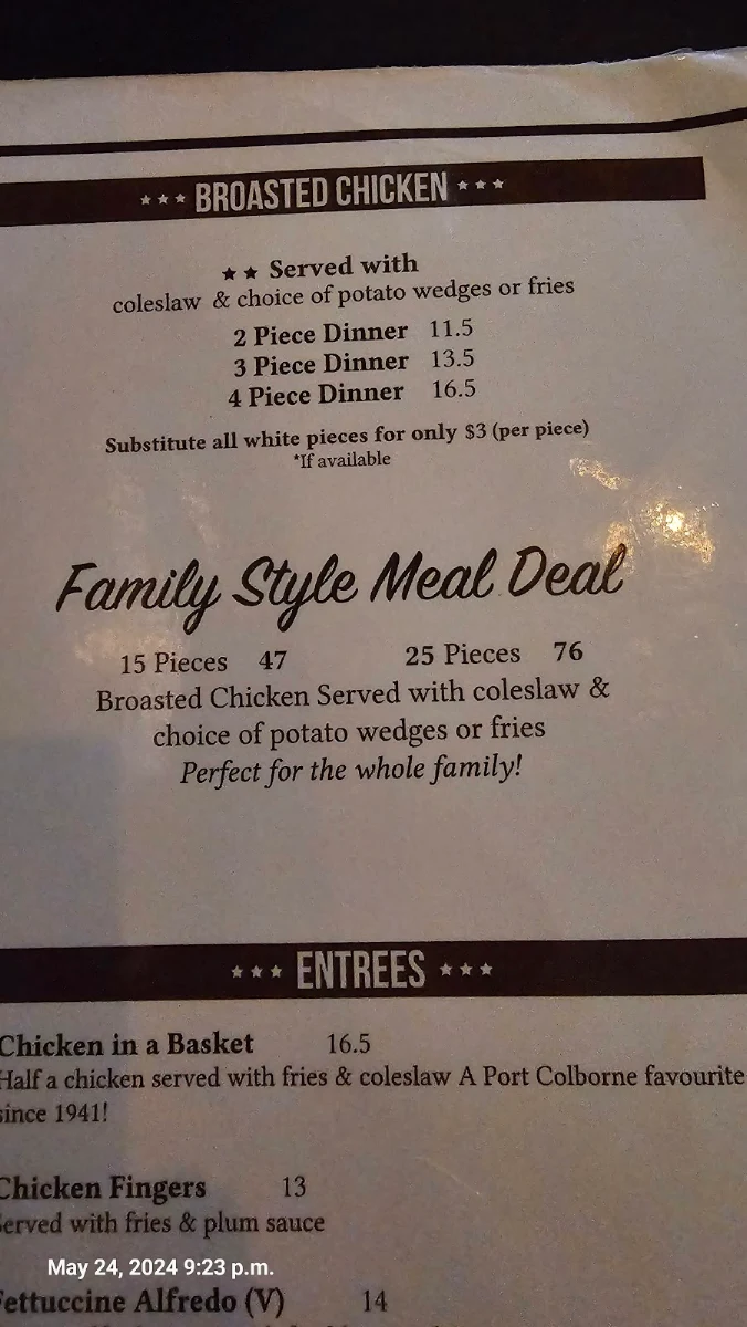 Menu, The Belmont Port Colborne
