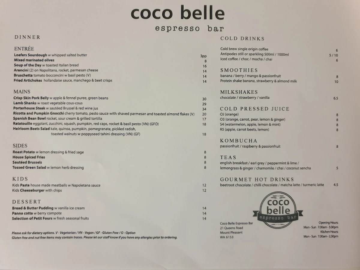 Menu, Coco Belle Espresso Bar