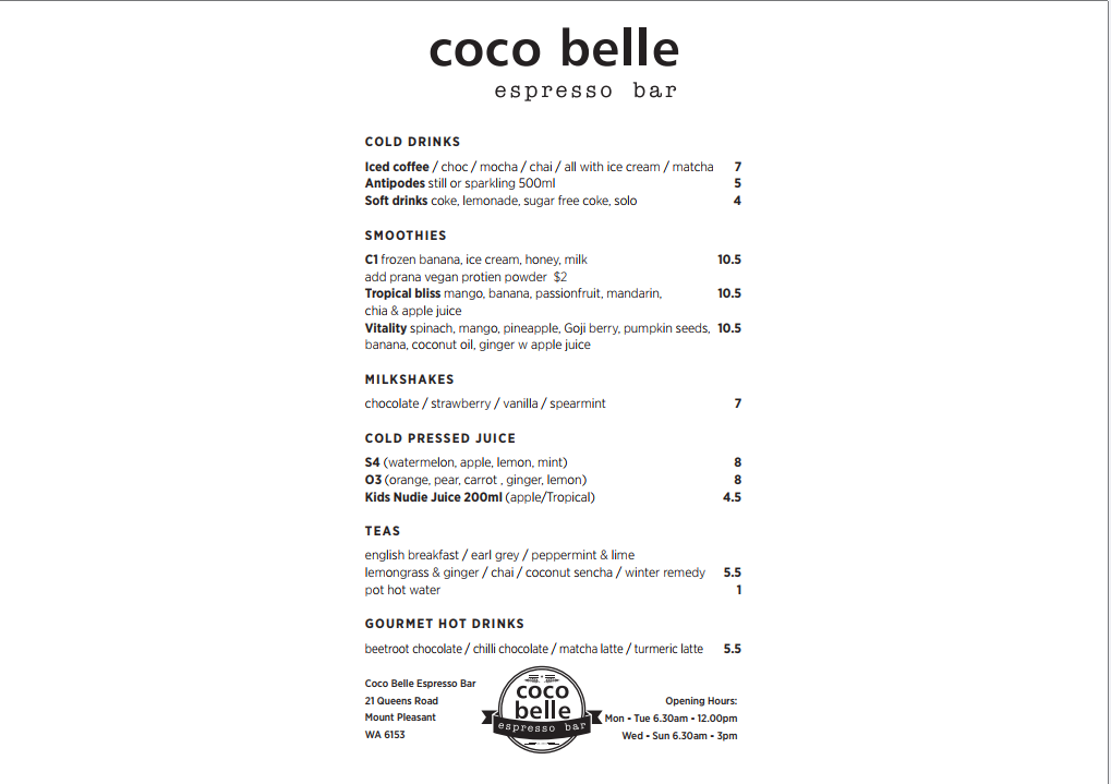 Menu, Coco Belle Espresso Bar