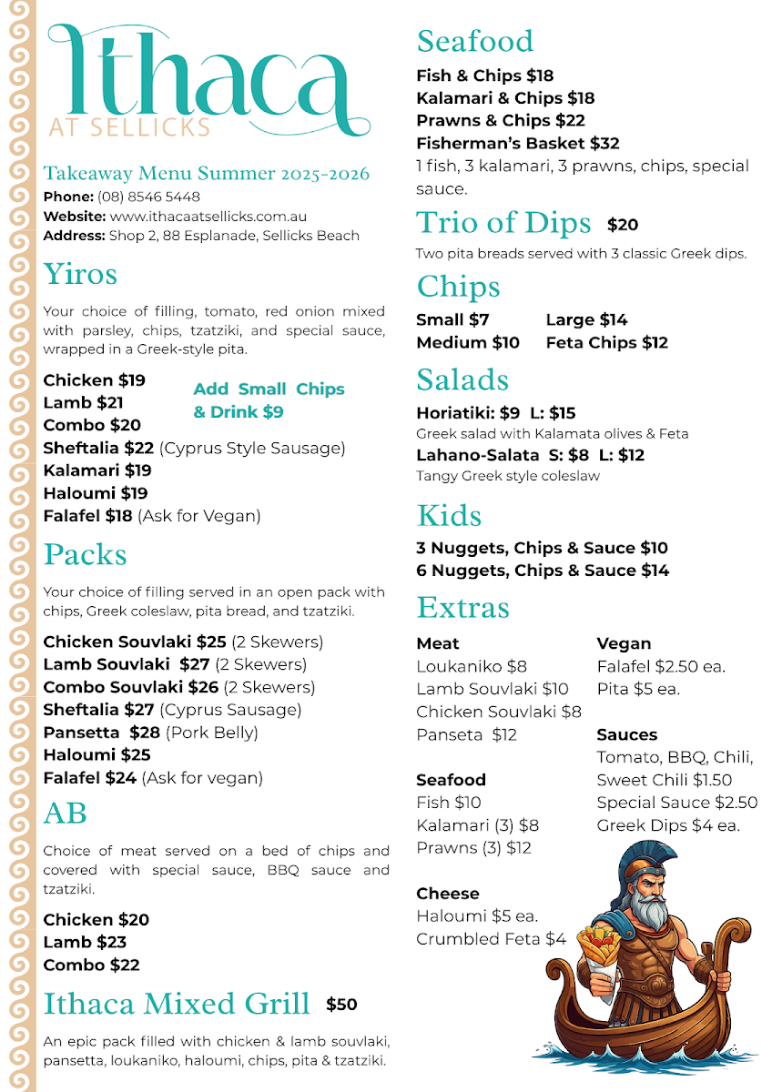 Menu, Ithaca at Sellicks