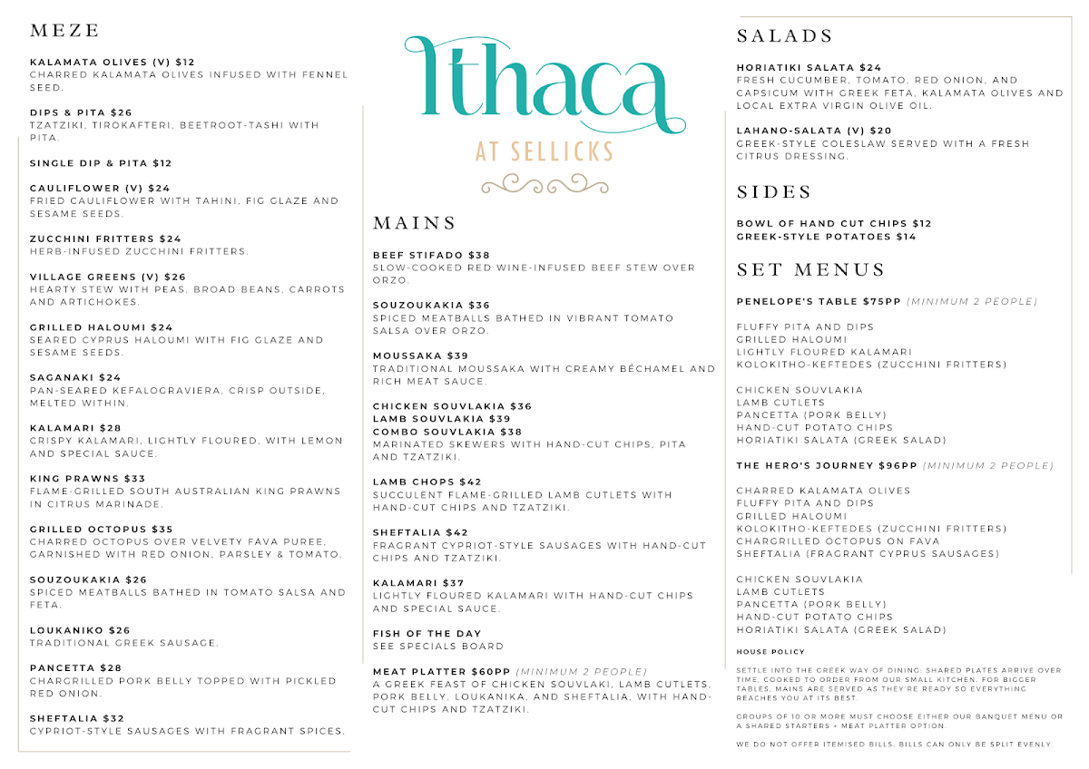 Menu, Ithaca at Sellicks