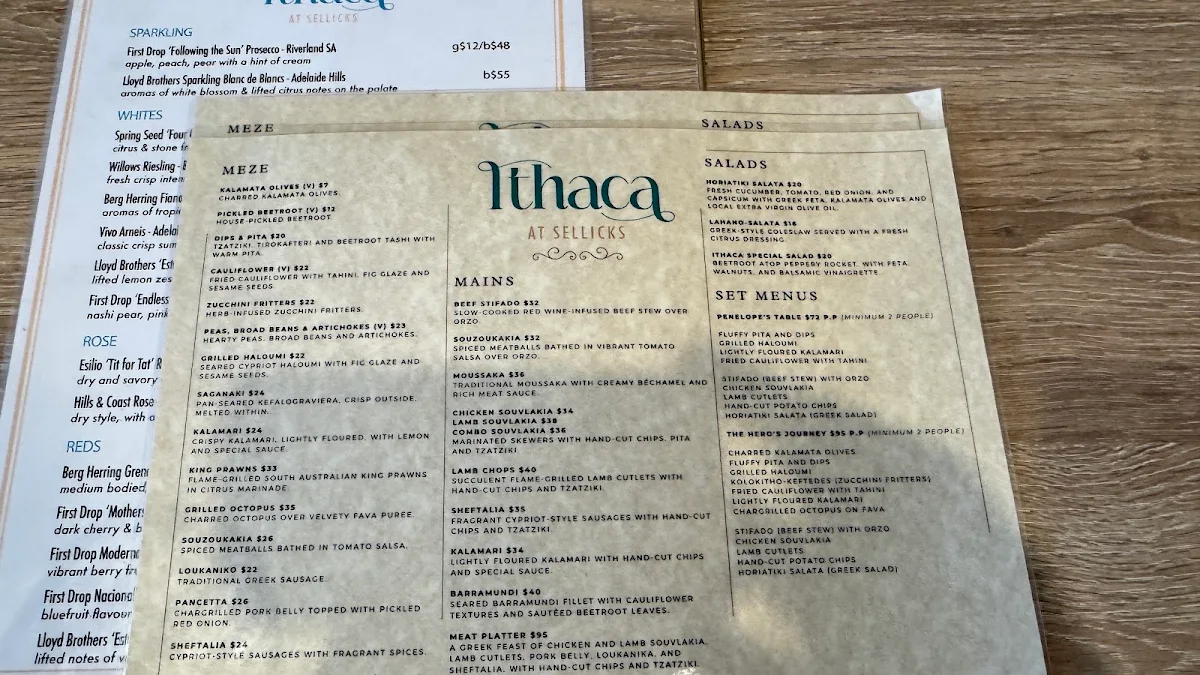 Menu, Ithaca at Sellicks