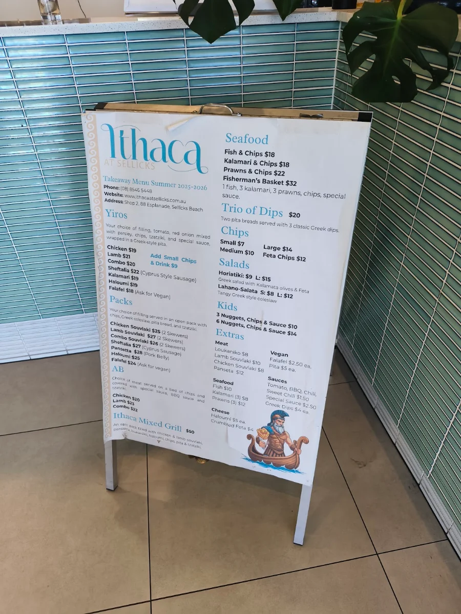 Menu, Ithaca at Sellicks