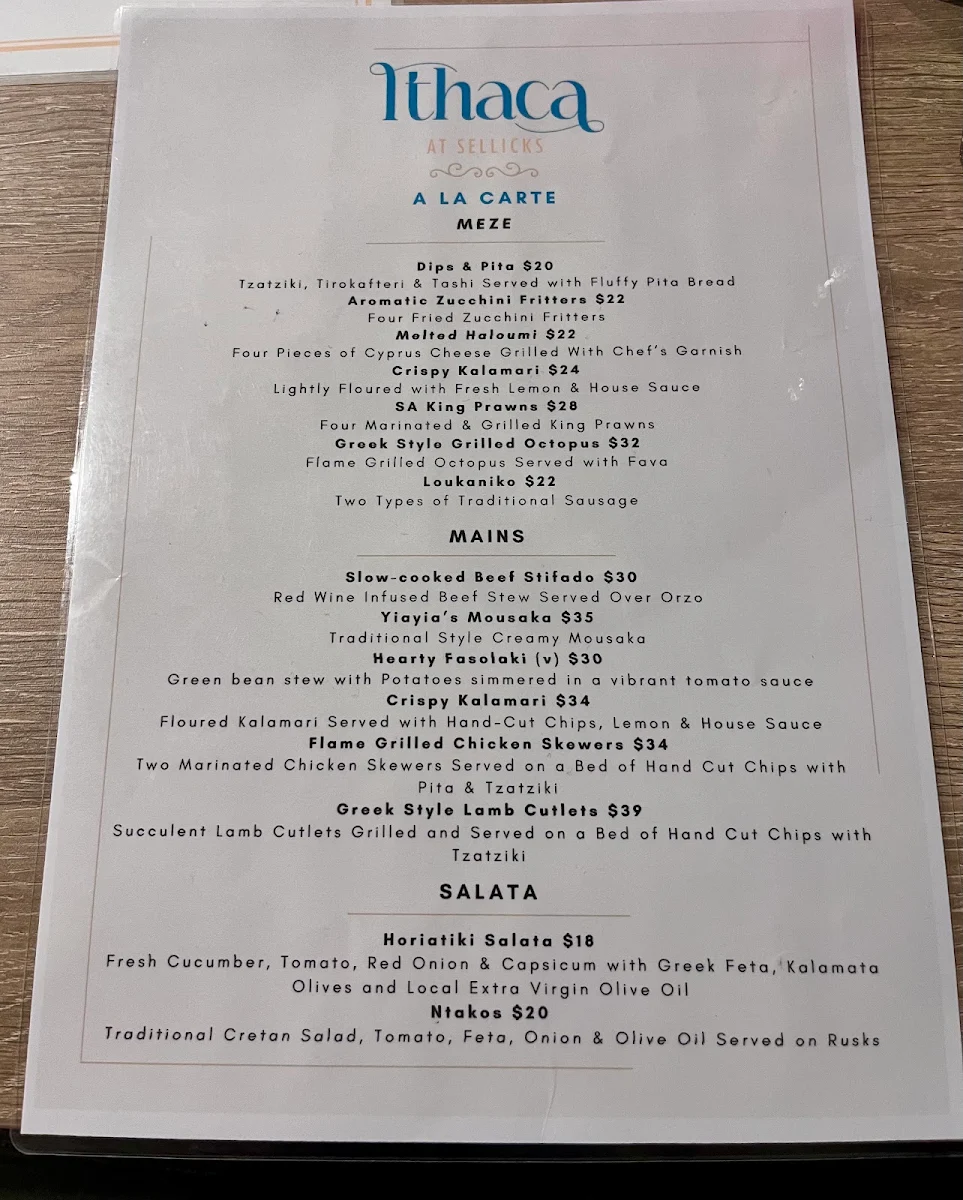Menu, Ithaca at Sellicks
