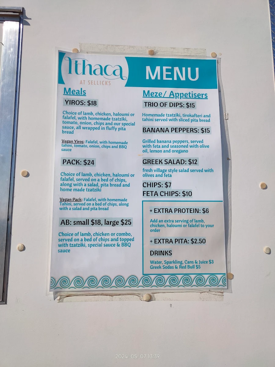 Menu, Ithaca at Sellicks