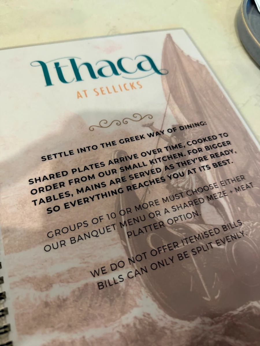Menu, Ithaca at Sellicks
