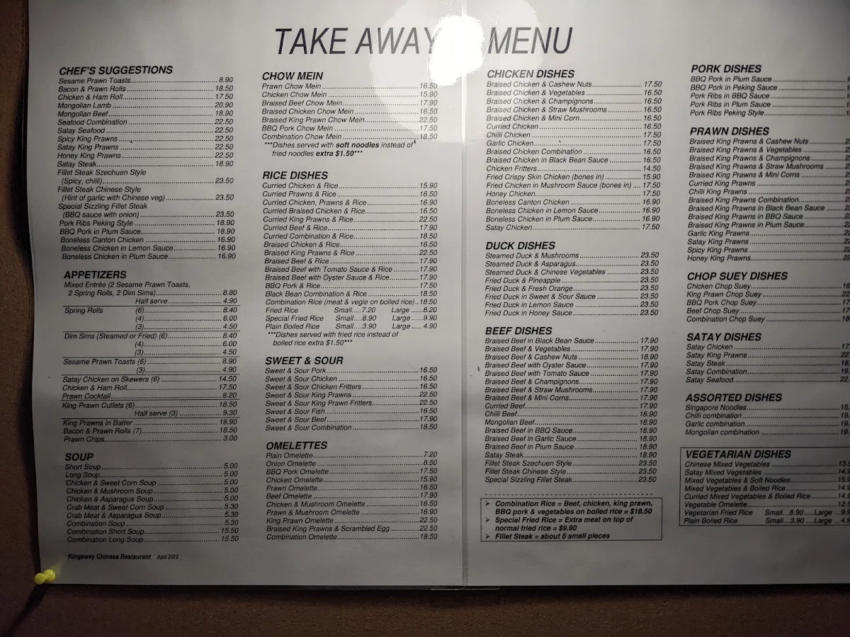 Menu, Kingsway Chinese Restaurant