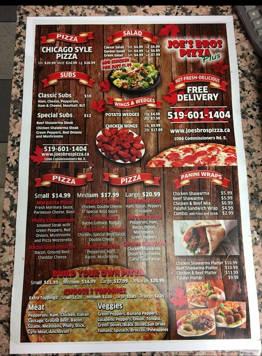 Menu, JOE'S BROS PIZZA PLUS