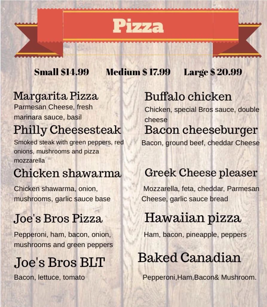 Menu, JOE'S BROS PIZZA PLUS